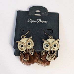 COPY - Cute Enamel Owl Real Feather Dangle Drop Pierced Earrings